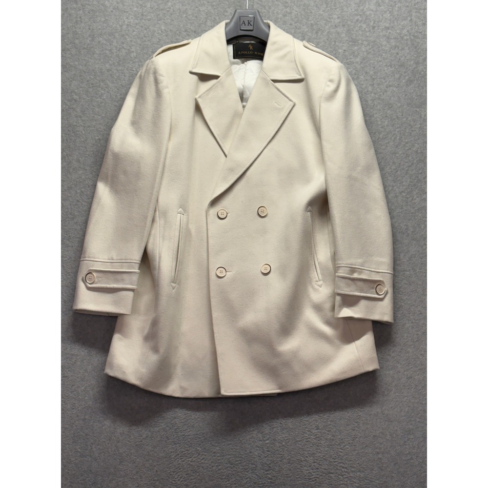 Apollo King Mens Cream 100% Wool Double Breasted Pea Coat Jacket XL Off White